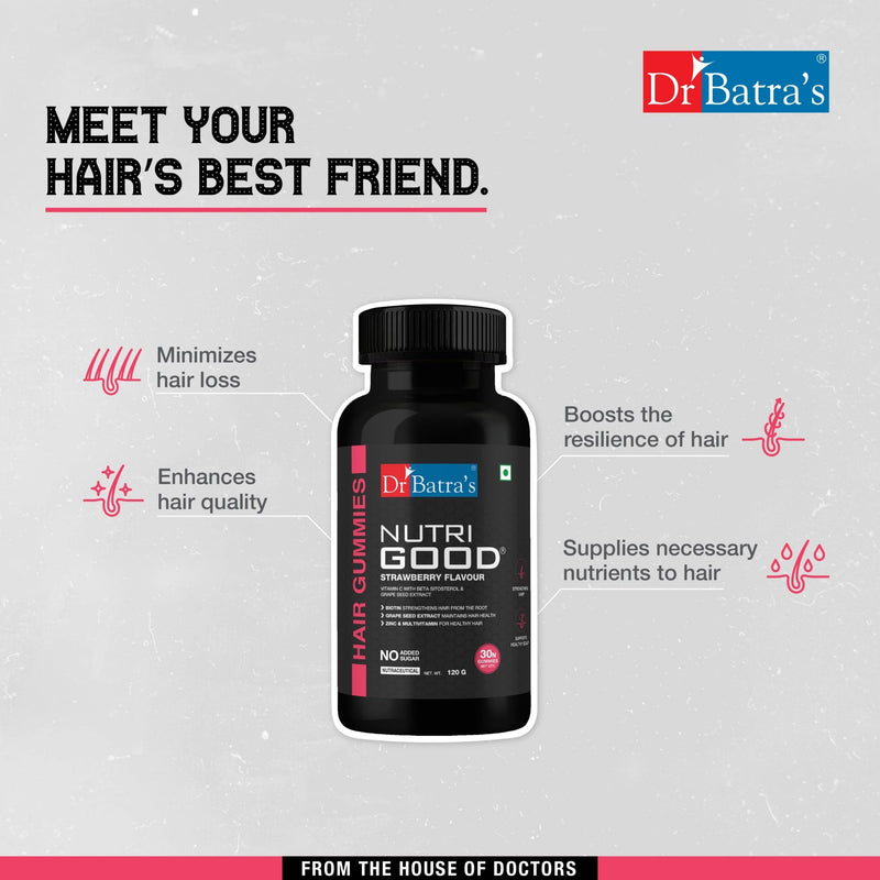 Dr Batra's Nutrigood Biotin Hair Gummies for Strong & Healthy Hair with Grape Seed Extract, Vitamins & Zinc for Nourishment & Protection - Pack of 30 Gummies - Dr Batra's
