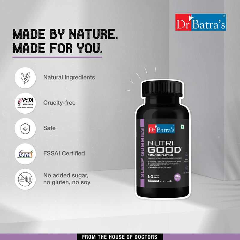 Dr Batra's Nutrigood Melatonin Sleep Gummies for Falling Asleep Faster | Fortified with with L - Theanine & Chamomile to Ease Anxiety & Wake Up Fresh - Pack of 30 Gummies - Dr Batra's