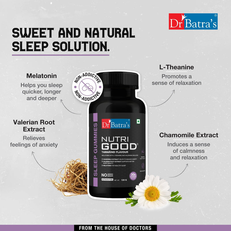 Dr Batra's Nutrigood Melatonin Sleep Gummies for Falling Asleep Faster | Fortified with with L - Theanine & Chamomile to Ease Anxiety & Wake Up Fresh - Pack of 30 Gummies - Dr Batra's