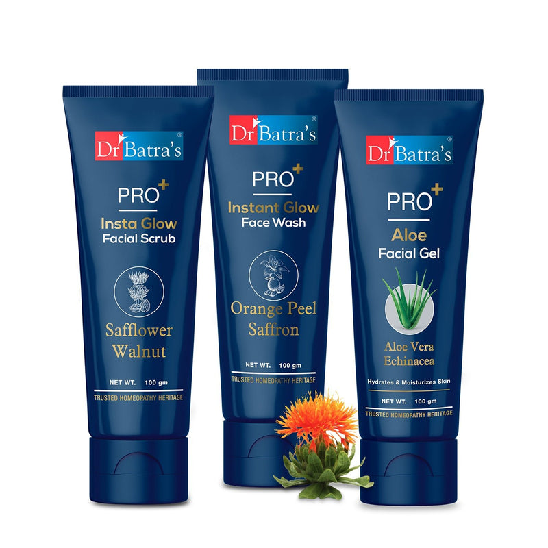 PRO+ Facial Care Combo Pack - Instant Glow Face Wash, Insta Glow Facial Scrub and Aloe Facial Gel - Dr Batra's